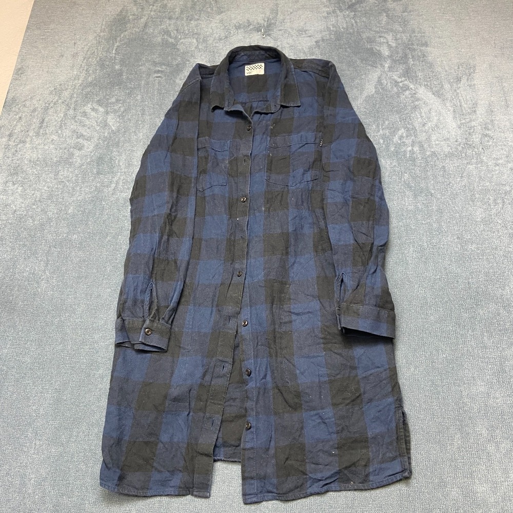 Vans Shirt Dress Womens Large Navy Blue Black Plaid Long Sleeve Button Up Casual